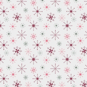 Christmas Various Hand Drawn Snowflakes Vintage Pink and Green Colorway 