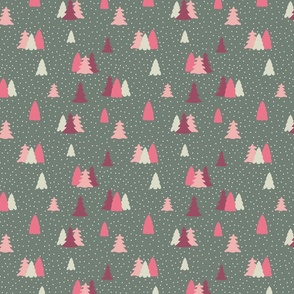 Christmas Snow Trees, Pine Forest /Woodland Vintage Pink and Green Colorway