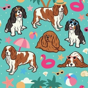 Large Cavalier Dogs at the Beach - Teal Turquoise
