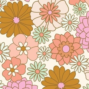 Retro Garden Floral in Cream large | groovy retro pink, mint & gold illustrated flower power print on cream background