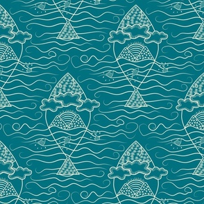 Large-Digital Block Print Fish-Cream on Turquoise