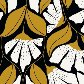 Folk Floral on Dark Charcoal with White and Mustard