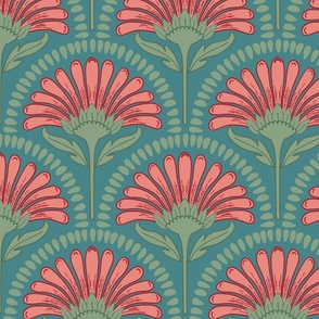 Art Deco Scallop with simple Daisy Floral in Chintz coral pink, red, green and teal large scale