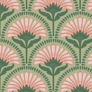 Art Deco Scallop with simple Daisy Floral in Chintz coral pink and soft greens large scale