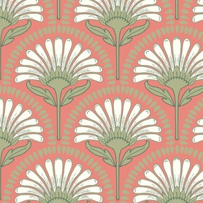 Art Deco Scallop with simple Daisy Floral in coral pink, natural white and soft green, large scale