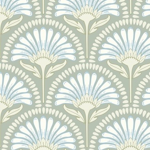 Art Deco Scallop with simple Daisy Floral in soft light tones blue, warm grey, green large scale