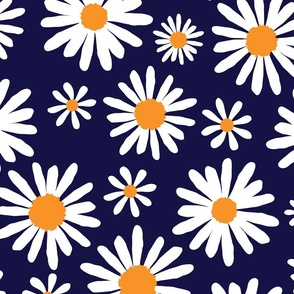 White daisies tossed on dark navy blue, JUMBO, approx 5-6 inch flowers
