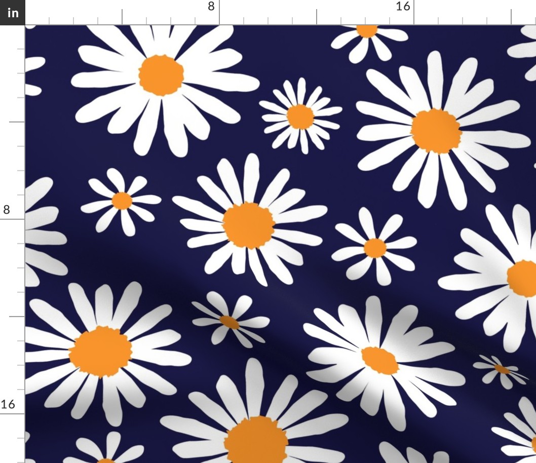 White daisies tossed on dark navy blue, JUMBO, approx 5-6 inch flowers