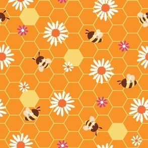 Whimsical bees and white flowers on bright orange honeycomb