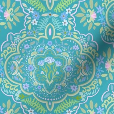 Confetti garden damask on turquoise - 7”