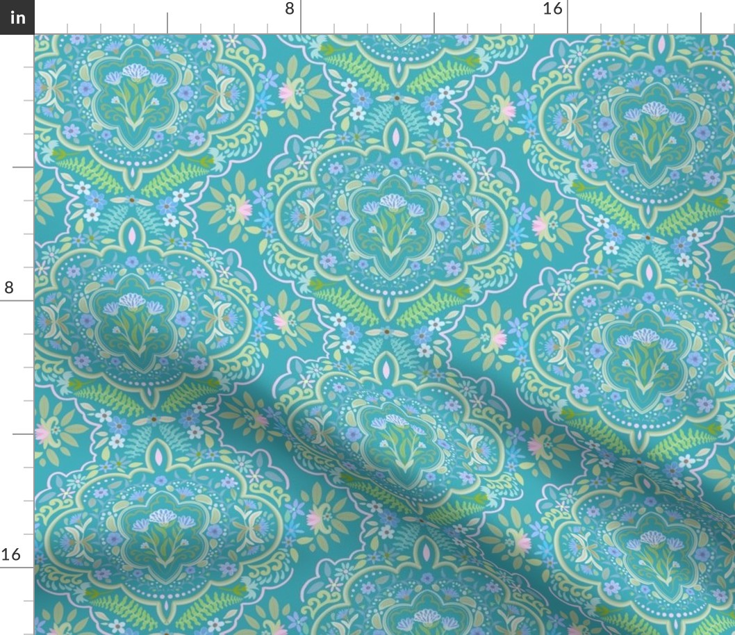 Confetti garden damask on turquoise - 7”