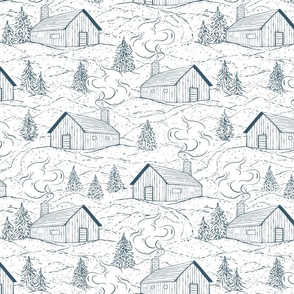 12" Blue  and White Toile du Jouy Cosy Cabins in Winter