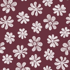 Chalking Flowers in white on dark muted burgundy - size M