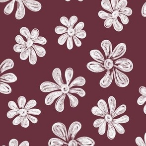 Chalking Flowers in white on dark muted burgundy - size L