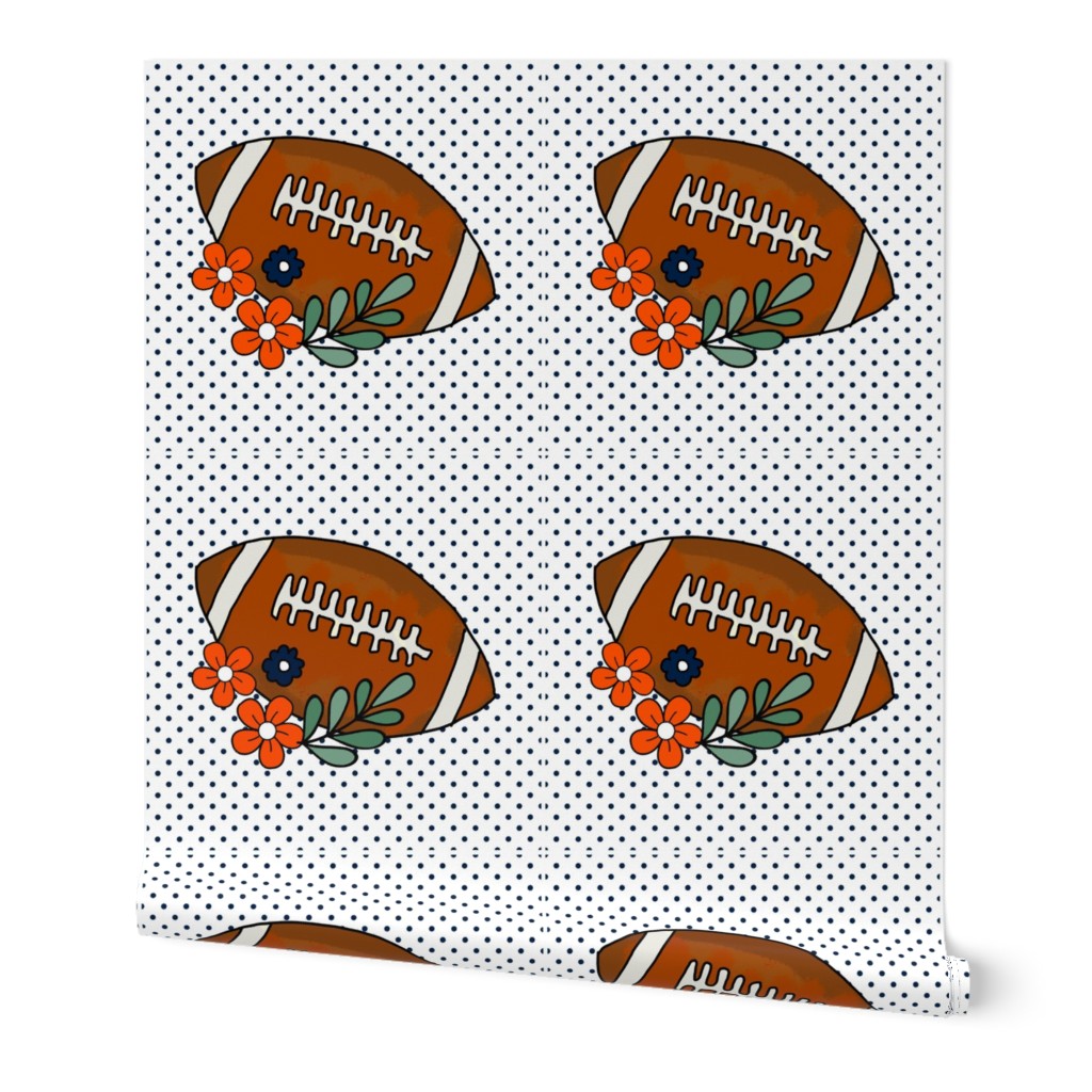 18x18 Panel Team Spirit Football and Flowers in Denver Broncos Colors Blue and Orange for DIY Throw Pillow Cushion Cover or Tote Bag