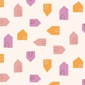 Tiny Houses / medium scale / beige playful and sweet minimal multicolor four-directional pattern design 