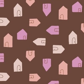 Tiny Houses / medium scale / dark brown playful and sweet minimal multicolor four-directional pattern design 