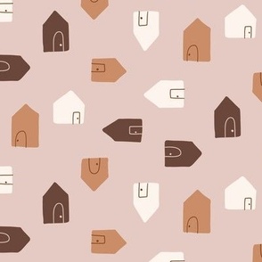 Tiny Houses / medium scale / light brown playful and sweet minimal multicolor four-directional pattern design 