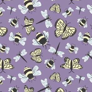 Small scale yellow and black bees and butterflies insect themed pattern on purple