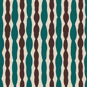 Large scale modern alternating vertical stripes in green and brown earth tones on a beige linen ground. 