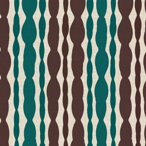 Large scale modern alternating by threes vertical stripes in green, brown on a beige linen ground. 