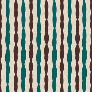 Large scale thin modern alternating vertical stripes in green & brown on a beige linen ground. 