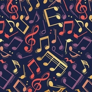 Small scale // Joyful music // oxford navy blue background gold texture and coral musical notes