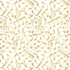 Tiny scale // Joyful music // white background gold textured musical notes