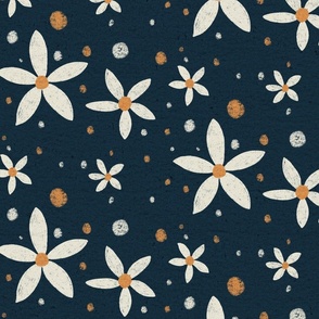 Citrus Blossom Charm - Lemon Flower Inspired Fabric and Wallpaper Design in Navy and Gold
