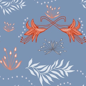 Tapestry of lilies in pretty blue and coral