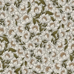 Dancing flowers in neutral white, grey green small