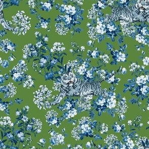 blue chinoiserie tiger Floral Print in Green