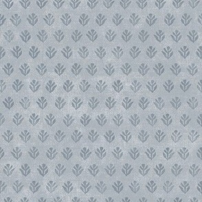 Bali Block Print Leaf in Blue Gray (small scale) | Hand block printed leaves pattern on vintage gray linen texture, gray blue batik, rustic block print fabric, natural decor, plant fabric in calm grays.