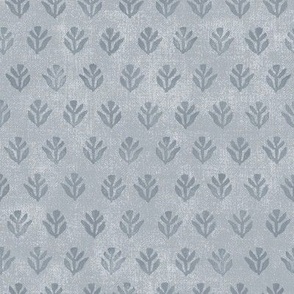 Bali Block Print Leaf in Blue Gray | Hand block printed leaves pattern on vintage gray linen texture, gray blue batik, rustic block print fabric, natural decor, plant fabric in calm grays.