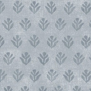 Bali Block Print Leaf in Blue Gray (large scale) | Hand block printed leaves pattern on vintage gray linen texture, gray blue batik, rustic block print fabric, natural decor, plant fabric in calm grays.