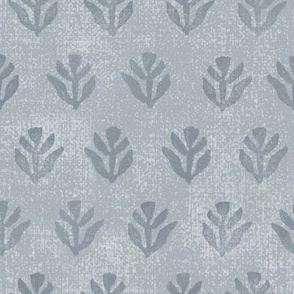 Bali Block Print Leaf in Blue Gray (xl scale) | Hand block printed leaves pattern on vintage gray linen texture, gray blue batik, rustic block print fabric, natural decor, plant fabric in calm grays.