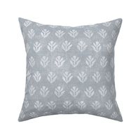 Bali Block Print Leaf in Light Gray-Blue (xl scale) | Hand block printed leaves pattern on vintage gray linen texture, blue gray batik, rustic block print fabric, natural decor, plant fabric in calm grays.
