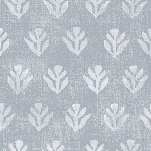 Bali Block Print Leaf in Light Gray-Blue (xl scale) | Hand block printed leaves pattern on vintage gray linen texture, blue gray batik, rustic block print fabric, natural decor, plant fabric in calm grays.