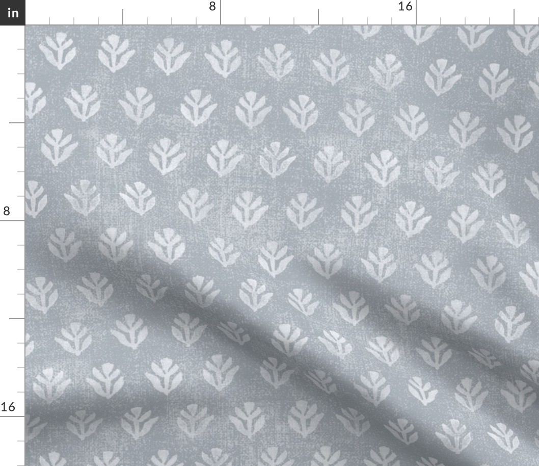 Bali Block Print Leaf in Light Gray-Blue (xl scale) | Hand block printed leaves pattern on vintage gray linen texture, blue gray batik, rustic block print fabric, natural decor, plant fabric in calm grays.