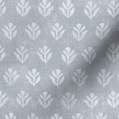 Bali Block Print Leaf in Light Gray-Blue (large scale) | Hand block printed leaves pattern on vintage gray linen texture, blue gray batik, rustic block print fabric, natural decor, plant fabric in calm grays.