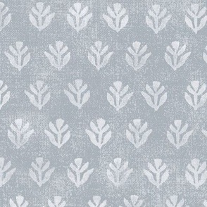 Bali Block Print Leaf in Light Gray-Blue (large scale) | Hand block printed leaves pattern on vintage gray linen texture, blue gray batik, rustic block print fabric, natural decor, plant fabric in calm grays.