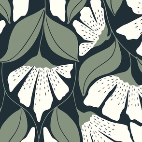 Folk Floral in Cream and Sage on Charcoal 