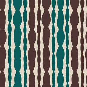 Medium scale modern alternating by threes vertical stripes in green, brown on a beige linen ground.  