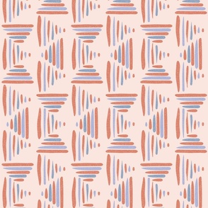 Abstract Print in Pantone's Intangible Blues, Grey, Pink and Warm Red on Peach