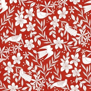 Red and white block print birds and flowers small