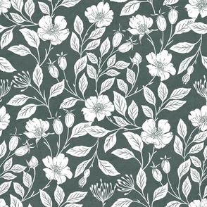 Green and white wild rose and rose hip block print style small