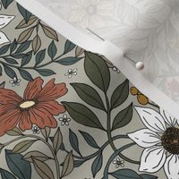 Arts and crafts Victorian inspired  floral in sage green