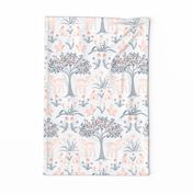 Spring Flora and Fauna with woodland animals and wildflowers including cherry blossoms, song birds robins, deers, rabbit, dandelions, snow crocus, tulips - Pantone Intangible Colors Tea Towel