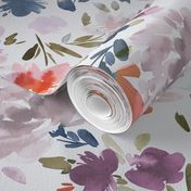 Moody Floral - Artistic peonies watercolor floral Classic Romantic floral Blue Orange Purple Medium Fabric