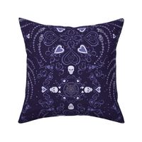 Macabre gothic Halloween design with skulls and hearts in purples and lilac